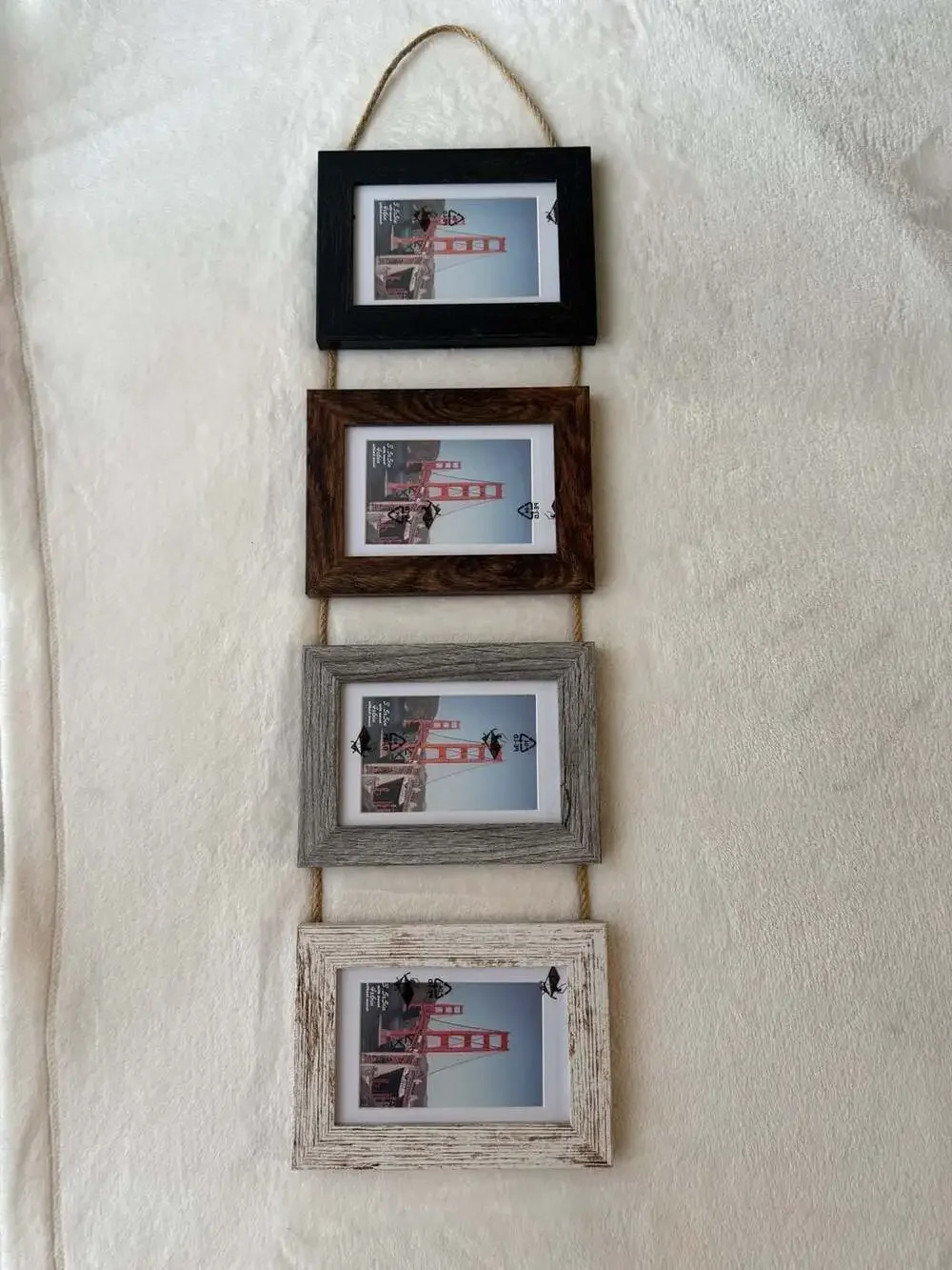 Hanging Picture Frame Set of 4 Assorted Finishes on Jute Rope